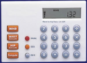 Handheld calculator calculates waist to hip ratios